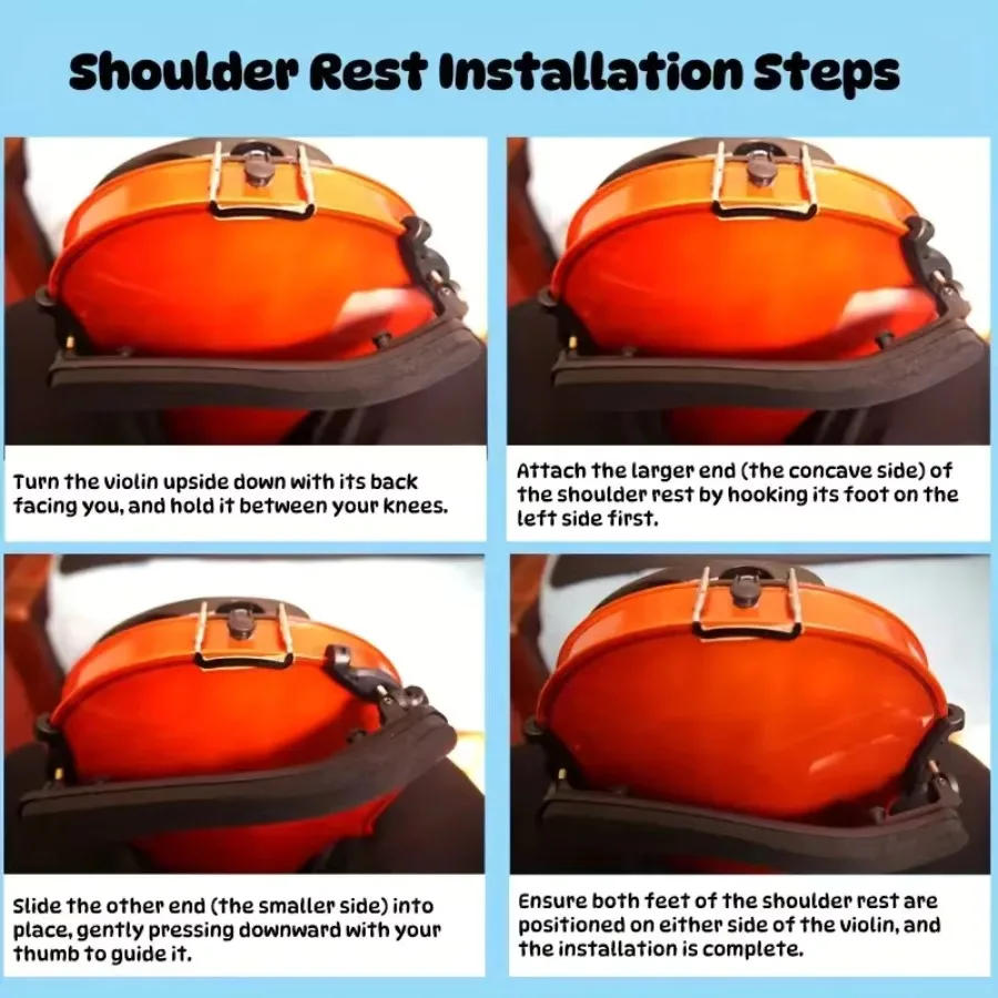 Four-step guide to installing the shoulder rest on a violin: turn the violin over, hook the larger concave end first, slide the smaller end in, then check both feet