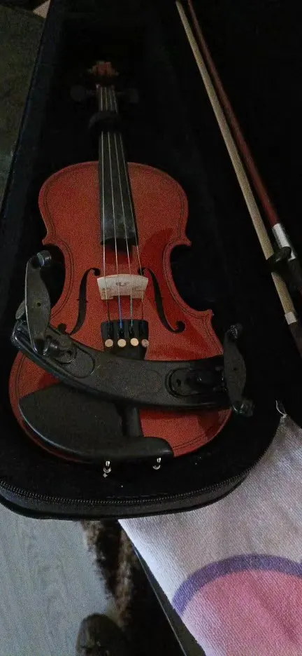 The small black shoulder rest mounted on a student violin inside its case, photographed by Marcus D., a verified buyer